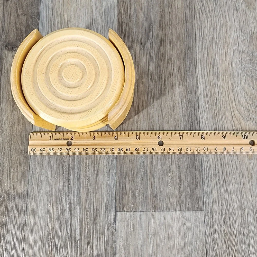 Kamenstein‎ Natural Wood Coaster Set with Caddy 6 Piece Round Concentric Rings